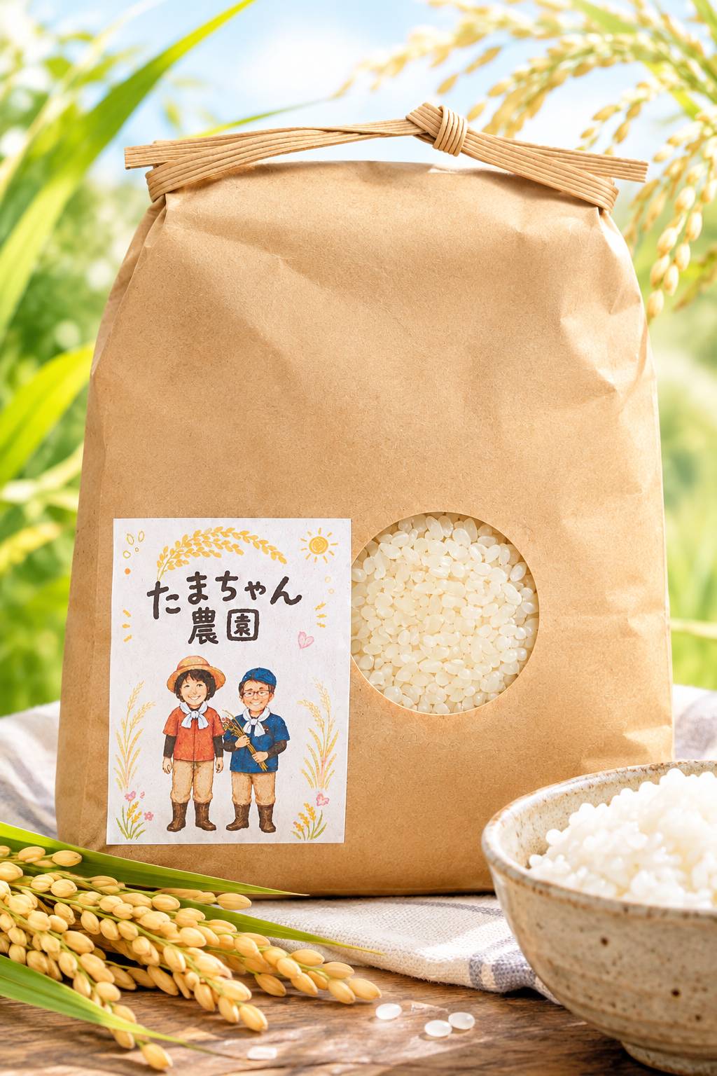 稲穂と炊いたご飯を添えた、たまちゃん農園のお米袋