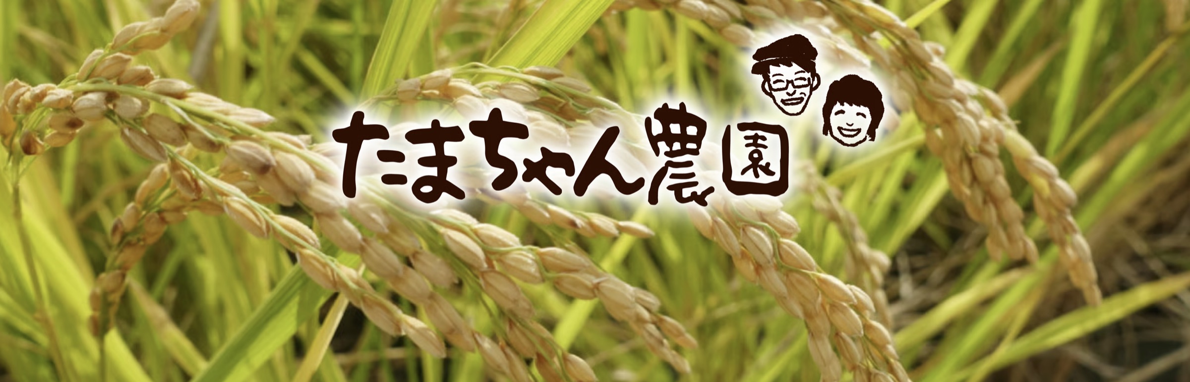 実った稲穂と、笑顔のイラストを添えたたまちゃん農園のロゴ
